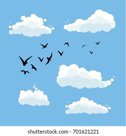 Birds in the sky, clouds. Vector illustration. Cartoon