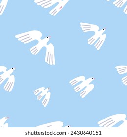 Birds in sky, seamless pattern. Dove flock flying, endless background, texture design. White winged feathered pigeons soaring, repeating print. Flat vector illustration for fabric, textile, wallpaper