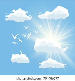 Birds in the sky. Sun and clouds. Vector illustration