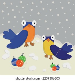 birds in the snow postcard. New Year's card with birds. Christmas balls. illustration