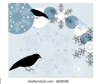 aves com flocos de neve e borboletas