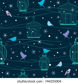 Birds and snowflakes on a dark seamless pattern