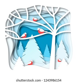 Birds in the snowy winter forest. Design with bullfinches. Vector illustration