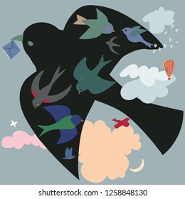 Birds soaring among the clouds. Black bird. Messenger. Hand drawn vector illustration in flat colors.
