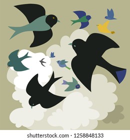 Birds soaring among the clouds . Hand drawn vector illustration in flat colors.
