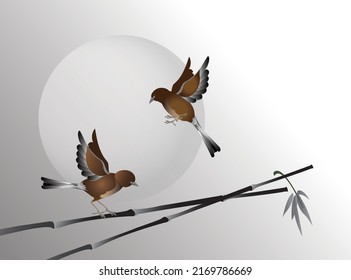 Birds sparrows couple and reed branches against the background of the solar circle. Vector illustration.