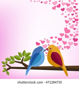 Birds speak love in whispers perched on a branch of a tree. Vector illustration.