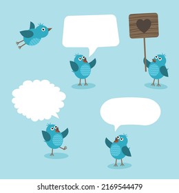 Birds and speech bubbles. Flying bird. Bird with heart sign. Vector illustration.