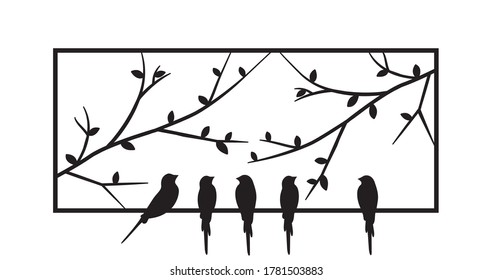 Birds standing on frame of a window, vector. Birds silhouettes on wire isolated on white background. Black and white wall decals, art design, wall artwork. Metal art decor