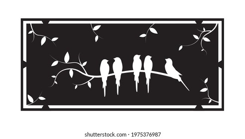 Birds standing on frame of a window, vector. Birds silhouettes on wire isolated on white background. Black and white wall decals, art design, wall artwork. Metal art design