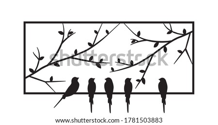 Birds standing on frame of a window, vector. Birds silhouettes on wire isolated on white background. Black and white wall decals, art design, wall artwork. Metal art decor