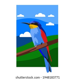 birds standing on tree branches during the day against a background of blue sky and white clouds. popart modern bird illustration. editeble. eps file 
