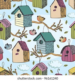 Birds and starling houses pattern