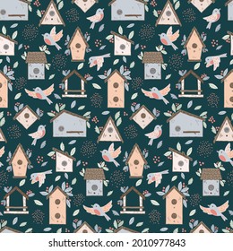 Birds and starling houses pattern. Colorful birdhouses, cute birds and nests, hand drawn doodle. Cartoon homemade nesting boxes for birds, vector illustration for print.