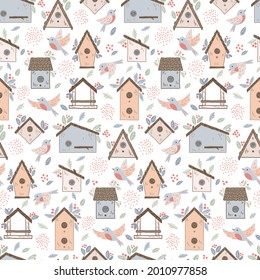 Birds and starling houses pattern. Colorful birdhouses, cute birds and nests, hand drawn isolated on a white background. Cartoon homemade nesting boxes for birds, vector illustration for print.