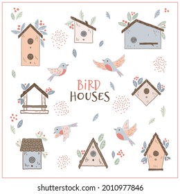 Birds and starling houses set. Colorful birdhouses, cute birds and nests, hand drawn isolated on a white background. Cartoon homemade nesting boxes for birds, vector illustration for print.