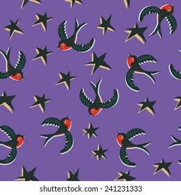 birds and stars seamless pattern