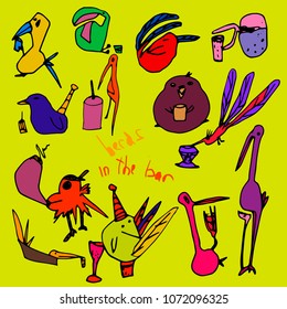 birds in a steep bar, colorful birds, different glasses, drink in the bar restaurant, suitable for holiday cards