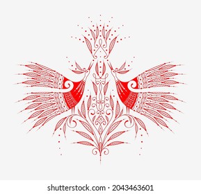 The birds storks on a flower is a symbol of love and free. Colors of the national resistance of Belarus - red and white. Ethnic style. Vector illustration.