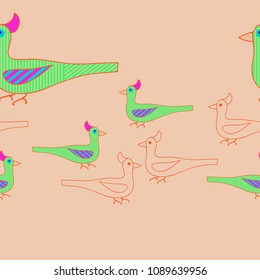 Birds  stylized seamless  pattern ,stripes, spots.  Hand drawn. 