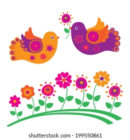 Birds and summer flowers. Vector illustration.