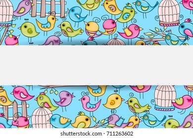 Birds summer or spring concept. 3d cartoon doodles background design. Hand drawn colorful vector illustration.