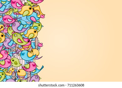Birds summer or spring concept. 3d cartoon doodles background design. Hand drawn colorful vector illustration.