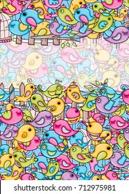 Birds summer or spring concept. 3d cartoon doodles background design. Hand drawn colorful vector illustration.