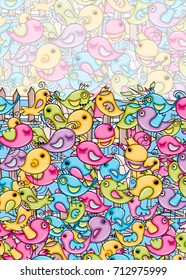 Birds summer or spring concept. 3d cartoon doodles background design. Hand drawn colorful vector illustration.