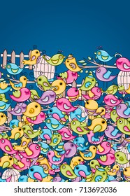 Birds summer or spring concept. 3d cartoon doodle background design. Hand drawn colorful vector illustration.