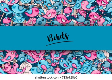 Birds summer or spring concept. 3d cartoon doodle background design. Hand drawn colorful vector illustration.