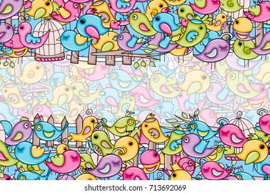 Birds summer or spring concept. 3d cartoon doodle background design. Hand drawn colorful vector illustration.