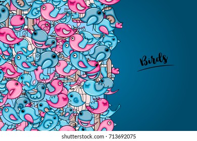 Birds summer or spring concept. 3d cartoon doodle background design. Hand drawn colorful vector illustration.
