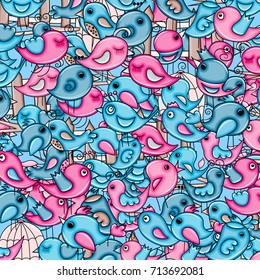 Birds summer or spring concept. 3d cartoon doodle background design. Hand drawn colorful vector illustration.