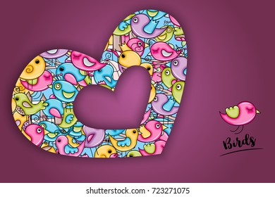 Birds summer or spring concept. 3d cartoon doodles background design. Hand drawn colorful vector illustration.