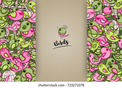 Birds summer or spring concept. 3d cartoon doodles background design. Hand drawn colorful vector illustration.