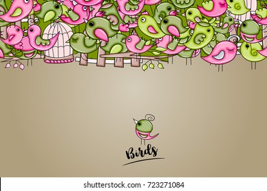 Birds summer or spring concept. 3d cartoon doodles background design. Hand drawn colorful vector illustration.