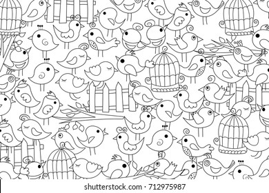 Birds summer or spring concept. Cartoon doodles background design. Hand drawn black and white outline coloring page vector illustration.