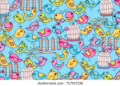 Birds summer or spring concept. ?artoon doodle background design. Hand drawn colorful vector illustration.