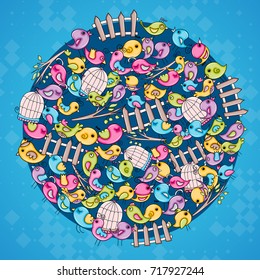 Birds summer or spring concept. ?artoon doodle background design. Hand drawn colorful vector illustration.