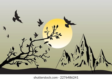 Birds Sun Mountains Tree Feathers
