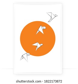 Birds and sun, vector. Abstract poster design in frame. Minimalist art design. Wall art, artwork. White birds silhouettes on sunset