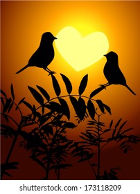 birds at sunset with heart.  Happy Valentine's Day.  vector