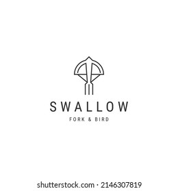 Birds swallow and fork restaurant line art logo icon design template flat vector