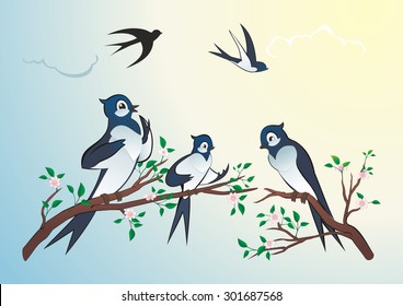 Birds swallows vector illustration, on the background of the sunny sky, birds sitting and talk on a tree branch, the other fly in the sky