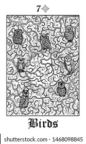 Birds. Tarot card from vector Lenormand Gothic Mysteries oracle deck. Black and white engraved illustration. Fantasy and mystic line art drawing. Gothic, occult and esoteric background