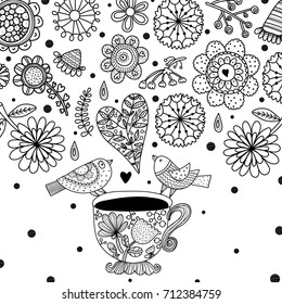 Birds, tea and flowers. Coloring pages.