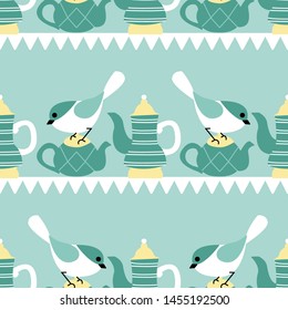 Birds and tea pots in a seamless pattern design, that can be used on the web or in print for surface design