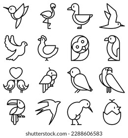 Birds thin line icons set: dove, owl, penguin, sparrow, swallow, kiwi, parrot, eagle, humming bird, pink flamingo. Modern vector illustration.