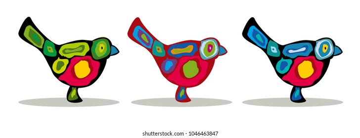 Birds, three colorful bullfinches, abstract silhouettes of birds. Vector illustration